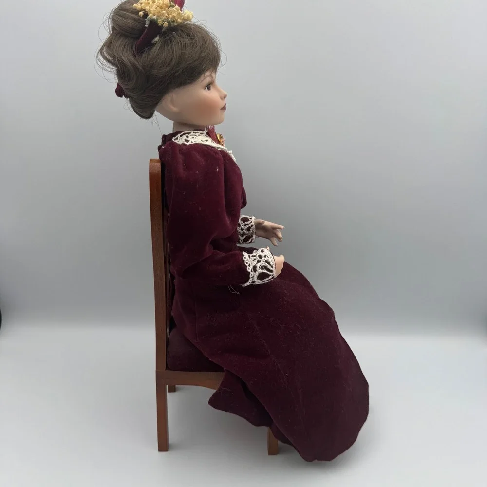 Vintage‎ Porcelain Doll Victorian Burgundy Velvet Dress Floral Hairpiece W Chair